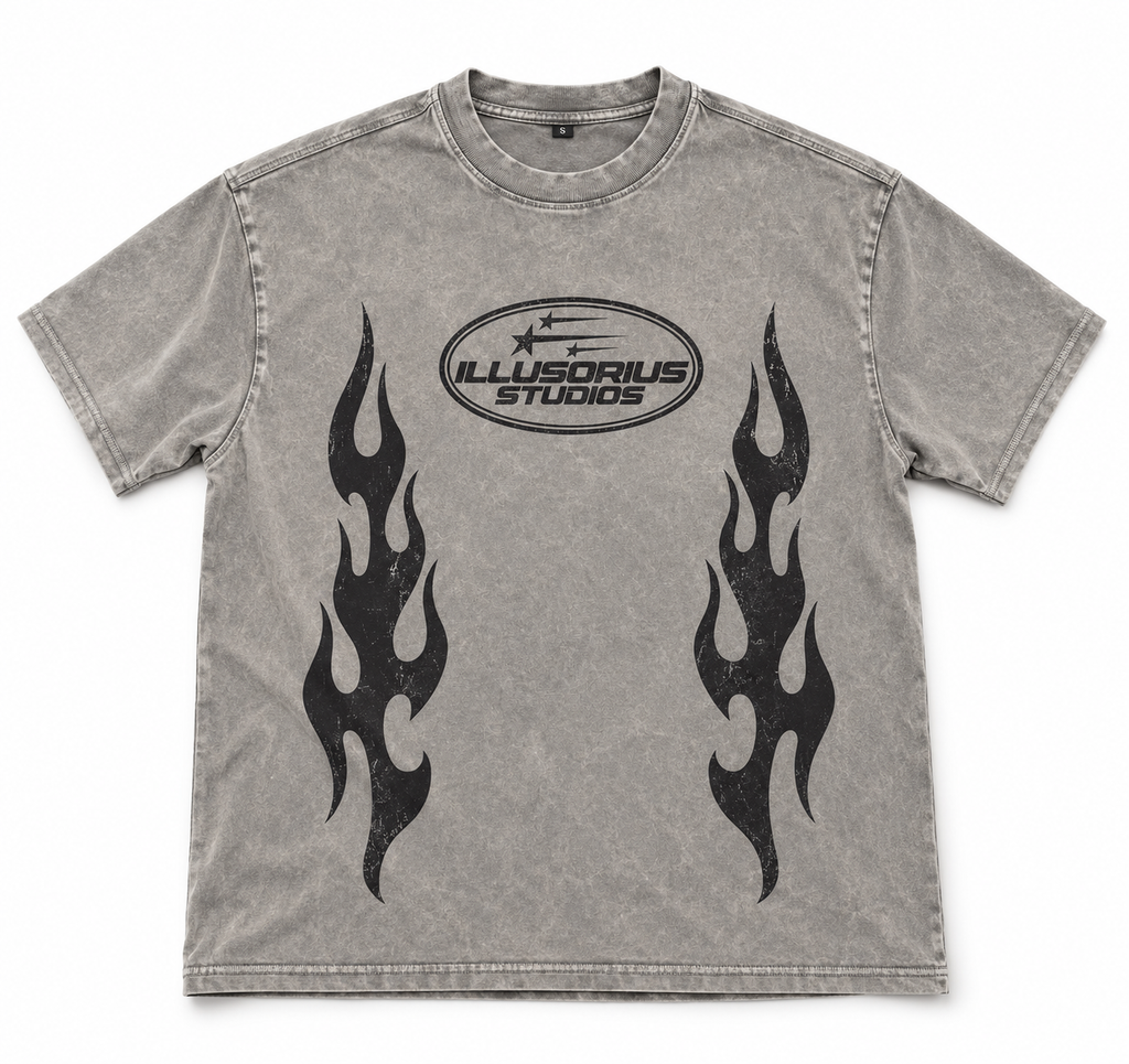 PLAYERA SEMI OVERSIZE HEAVYWEIGHT [305 GSM] GRIS ACID WASH ILLUSORIUS STUDIOS