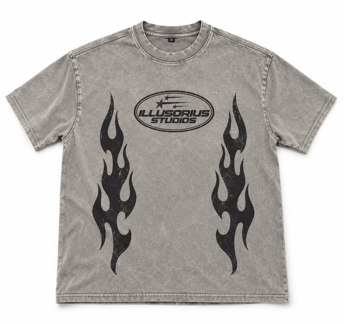 PLAYERA SEMI OVERSIZE HEAVYWEIGHT [305 GSM] GRIS ACID WASH ILLUSORIUS STUDIOS