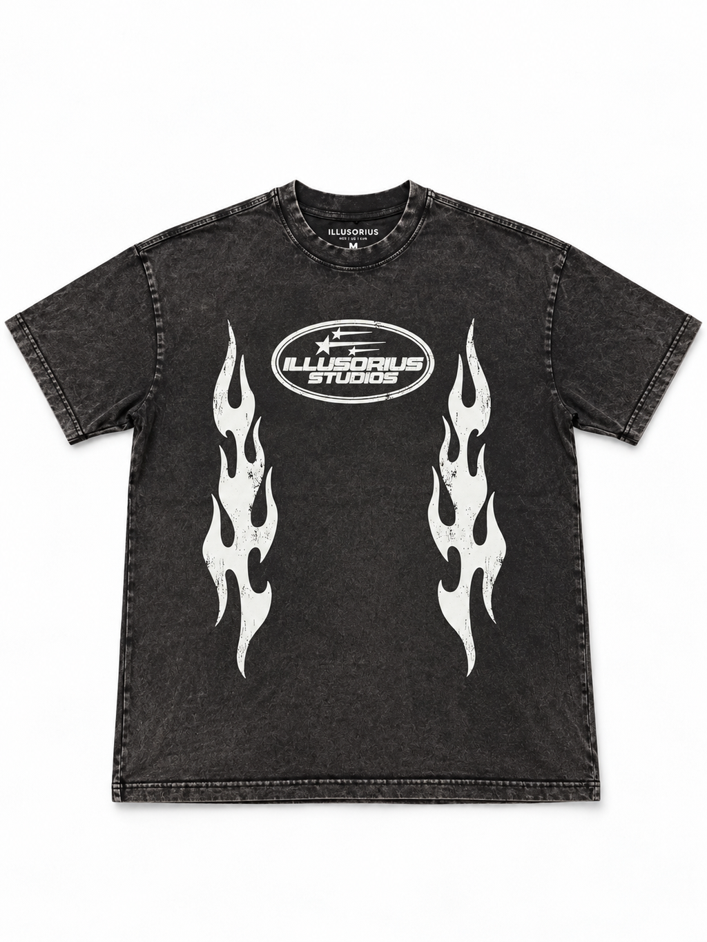 PLAYERA SEMI OVERSIZE HEAVYWEIGHT [305 GSM] NEGRA ACID WASH ILLUSORIUS STUDIOS
